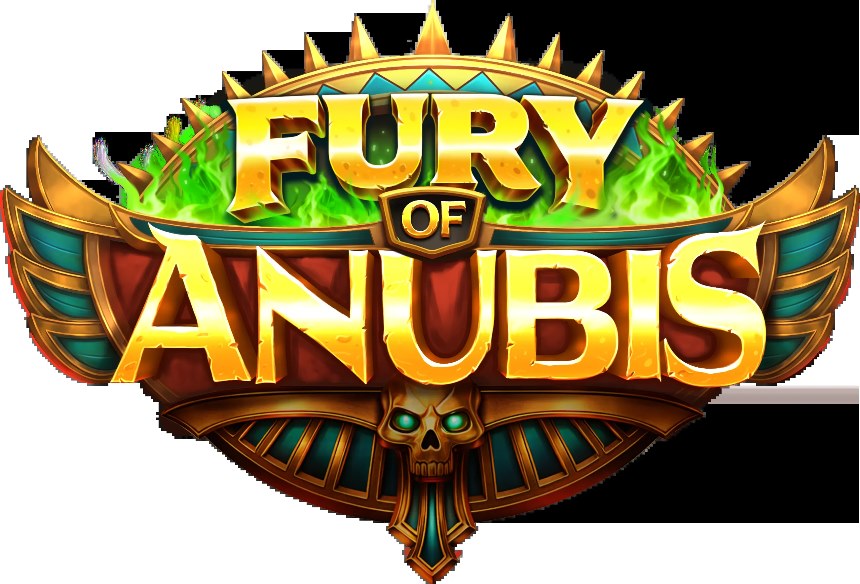 Logotipo dorado de Fury of Anubis con alas, cráneo y fuego verde